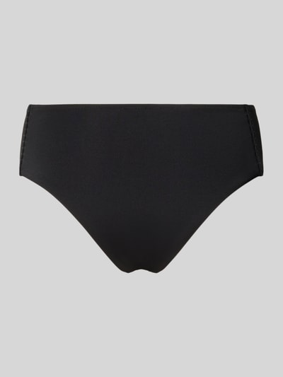Produktfoto, Bikinihose mit elastischem Bund und Label-Detail von WATERCULT, schwarzer Material-Mix mit Stretch-Anteil, körpernahe Passform