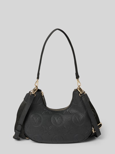 Produktfoto, schwarze Shoulder Bag mit Allover-Logo-Prägung Modell 'Samba' von VALENTINO BAGS, goldfarbene Details, strukturierte Oberfläche