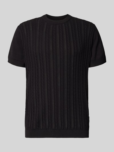 Produktfoto, schwarzes T-Shirt mit Zopfmuster von Lindbergh, reine Baumwolle, gerader Schnitt, Strick-Optik, Rundhalsausschnitt