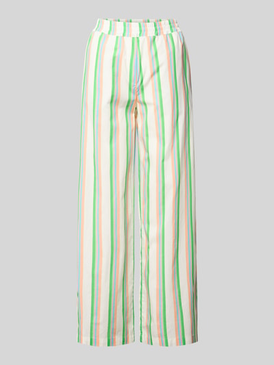 Produktfoto, Hose aus Baumwolle im Allover-Look von Emily Van den Bergh in Weiß mit grün, orange und gelb gestreiftem Muster, Wide-Leg-Pants, elastischer Bund, Reine Baumwolle, Bundweite 40 cm, Innenbeinlänge 77 cm bei Größe 36.