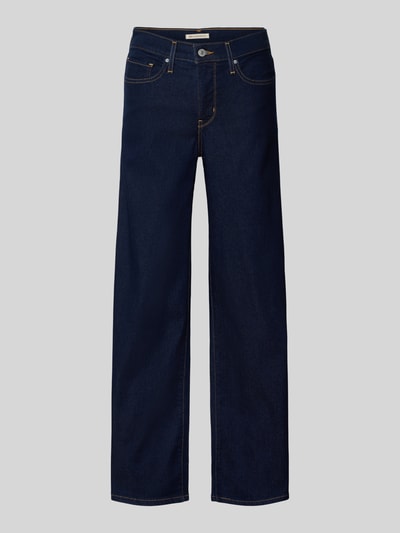 Produktfoto, Wide Fit Jeans mit 5-Pocket-Design von LEVI'S®, ciemnoniebieska mieszanka bawełny, luźny krój, z dodatkiem streczu, zapięcie na guzik i zamek błyskawiczny, szerokość w pasie 37 cm, długość wewnętrzna nogawki 74 cm.