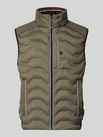 Produktfoto, Regular Fit Steppweste mit Kapuze im Kragen von Tom Tailor, kolor jednolity, krój regular fit, stójka z kapturem, kieszenie na zamek, odblaskowe detale, label patch, tekstura pikowana.