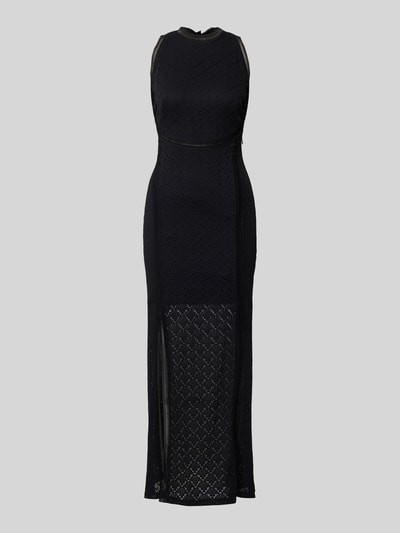 Produktfoto, Maxikleid mit Spitze und Gehschlitz Modell 'NEW LIZA' von Guess, czarny materiał mix, koronkowe detale, półprzezroczysta struktura, krój slim fit, długość maxi, elastyczny materiał, podszewka nieprzezroczysta, rozcięcie boczne, Szerokość w rozmiarze S: 35 cm, długość tyłu: 143 cm