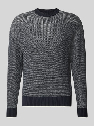 Produktfoto, Regular Fit Strickpullover aus reiner Baumwolle von HECHTER PARIS in Dunkelblau, Baumwollstruktur, Rundhalsausschnitt, elastische Abschlüsse.