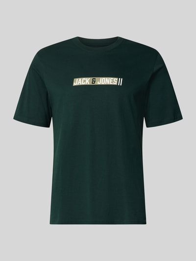 Produktfoto, Regular Fit T-Shirt mit Logo-Print Modell 'Munk' von JACK & JONES in Dunkelgrün, Reine Baumwolle, Rückenlänge 74 cm bei Größe M