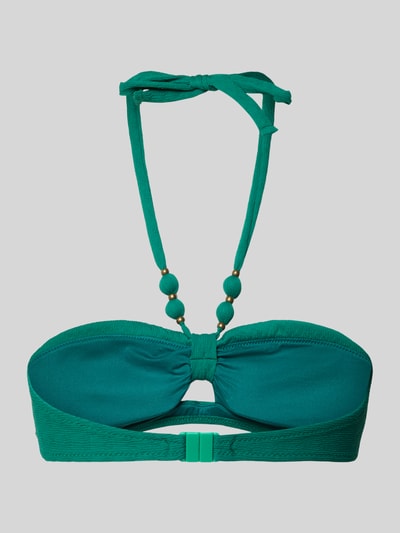 Produktfoto, Bikini-Oberteil mit Ziersteinen Modell 'Keneto' von Banana Moon, elastyczna mieszanka materiałów, ozdobne kamienie, fakturowany wzór, wiązanie na szyi, wycięcie, kolor zielony