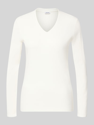Produktfoto, Longsleeve mit V-Ausschnitt von MORE & MORE, weiß, schlichte Form, glatte Textur, Baumwoll-Mix mit Modal-Anteil, Regular Fit