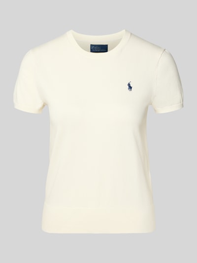 Produktfoto, Regular Fit Kurzarmpullover aus Baumwoll-Mix von Polo Ralph Lauren für Damen, Logo-Stitching, Rundhalsausschnitt, elastische Ärmelabschlüsse, cremefarben, glatte Textur.