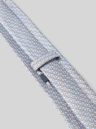 Productfoto, Krawatte aus reiner Seide mit Allover-Motiv-Print van Willen, blauw-wit-geel all-over motiefprint, logodetail, Breedte maat 1: 8 cm