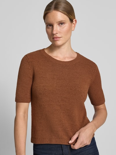 Frauenmodel trägt Strickpullover mit Rundhalsausschnitt und 1/2-Arm von Fynch-Hatton, Baumwoll-Mix, Regular Fit, braun, Nahaufnahme Oberkörper