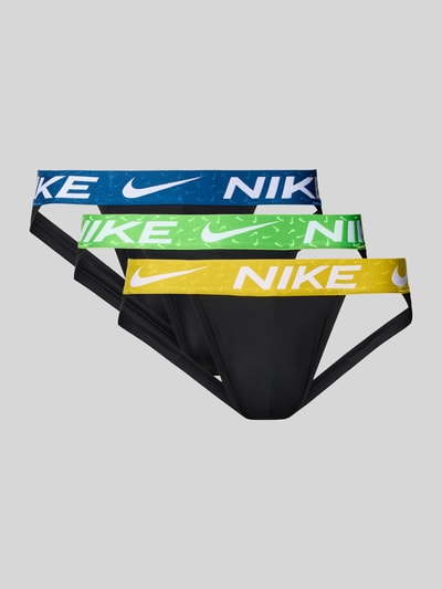 Produktfoto, Jockstrap mit Label-Detail im 3er-Pack von Nike, mieszanka materiałów z dodatkiem streczu, dopasowany krój, zestaw 3 szt., elastyczny pas z logo, kontrastowe kolory pasków na tle czarnego materiału