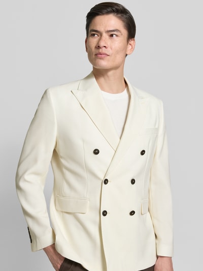 Männermodel trägt Regular Fit Anzugsakko mit Wool-Anteil von SELECTED HOMME, Optik: Unifarben, Material-Mix, Nahaufnahme Oberkörper.