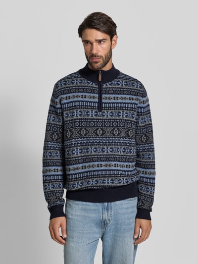 Fynch-Hatton Sweter o kroju regular fit z czystej wełny model ‘Jacquard’ Granatowy 4