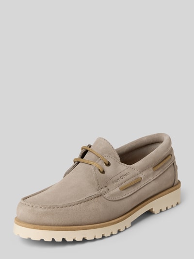 Produktfoto, Veterschoenen van suède Model 'LEVI 1B' van Marc O'Polo, look: effen, afgeronde punt, blokhak, vetersluiting, geprofileerde zool, materiaalverwerking: suède, materiaal: echt leer