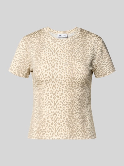 Produktfoto, Slim Fit T-Shirt mit Rundhalsausschnitt Modell 'Joy' von OH APRIL, beżowo-brązowy wzór, krój slim fit, lyocell z elastanem, długość tyłu w rozmiarze S: 50 cm