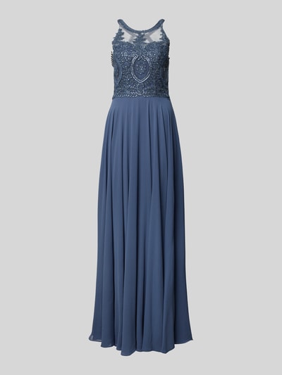 Productfoto, 'Abendkleid mit Ziersteinbesatz' van Mascara in blauw chiffon met florale kanten top, maxi lengte, getailleerde fit, vrouwelijke details