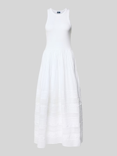 Produktfoto, Fit and Flare Sommerkleid aus Baumwoll-Mix von Polo Ralph Lauren, biała jednolita tkanina, maxi długość, okrągły dekolt, wstawka z ażurowym wzorem, stałe plisy