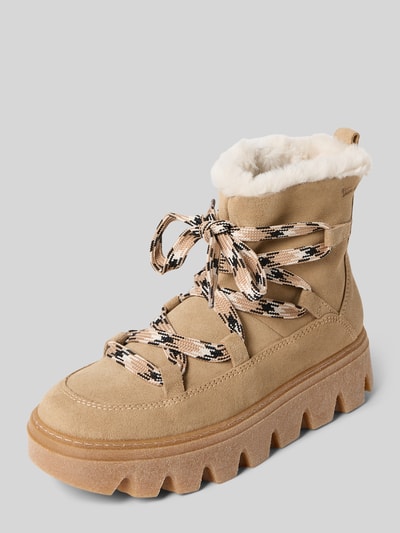 Produktfoto, Kozaki z welurowej skóry bydlęcej Boots aus echtem Rindsvelours von Tamaris, efekt: jednolity kolor, imitacja zamszu, okrągły nosek, koturn, wytłaczane logo, wiązanie i zamek błyskawiczny, profilowana podeszwa, wykończenie: skóra welurowa, materiał: czysty rindsvelours.