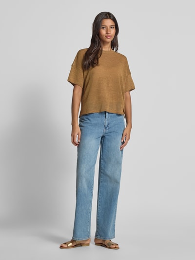 Milano Italy Gebreid shirt met ronde hals Camel - 1