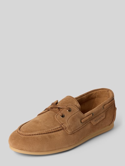 Productfoto, Mokassins aus echtem Leder van Tamaris in effen kleuren, afgeronde punt van de schoen, plat, label in reliëf, comfortmodel/open, vetersluiting, structuurzool, suède, leer, mocassindesign