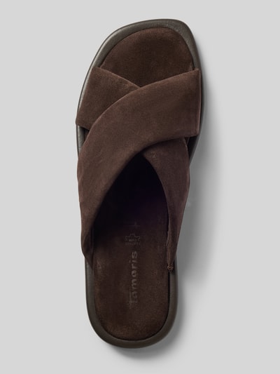 Produktfoto, Pantoletten aus echtem Veloursleder von Tamaris, Optik: Unifarben, Schuhspitze: Offen, Absatzform: Flach, Verschluss: Schlupf/offen, Sohle: Leicht strukturiert, Materialverarbeitung: Velours, Material: Leder