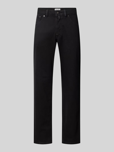 Produktfoto, schwarze Straight Fit Jeans aus elastischem Baumwoll-Mix Modell 'Dijon' von Pierre Cardin, 5-Pocket-Design, Gürtelschlaufen, Knopf- und Reißverschluss, Szerokość w rozmiarze 32/32: 41 cm, długość nogawki wewnętrznej w rozmiarze 32/32: 80 cm