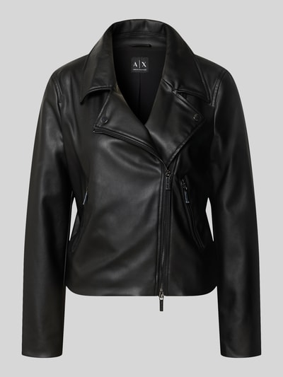 Produktfoto, schwarze Jacke in Leder-Optik von Armani Exchange mit Reverskragen, Zweiwege-Reißverschluss und Reißverschlusstaschen, glatte Textur