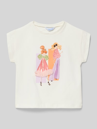Produktfoto, T-Shirt mit Motiv-Print von Mayoral aus Baumwoll-Elasthan-Mix, Regular Fit, Rundhalsausschnitt, cremefarbene Grundfarbe, farbenfroher Print, Rückenlänge bei Größe 116 beträgt 38 cm