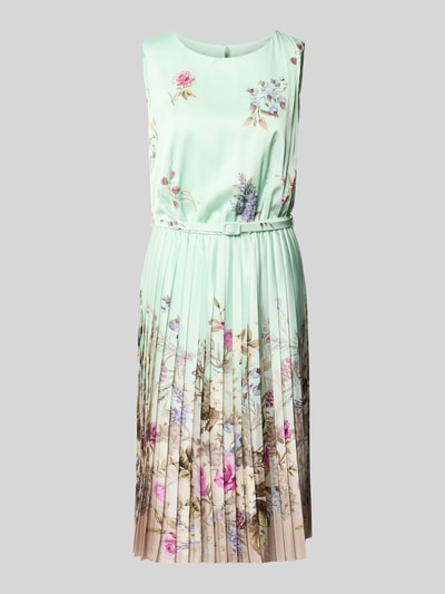 Produktfoto, Knielanges Cocktailkleid mit Plisseefalten von Rinascimento, grün mit Blumenmuster, A-Linie, Gürtel, Plissee, Material-Mix