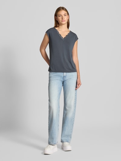 Pieces Loose fit T-shirt met kant, model 'KAMALA' Rookblauw - 1