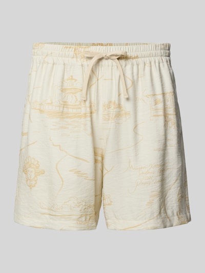 Produktfoto, Shorts aus Viskose-Mix von MAISON KITSUNÉ in Creme mit dezentem gelbem Muster, elastischem Bund, Crinkle-Optik, Eingrifftaschen.