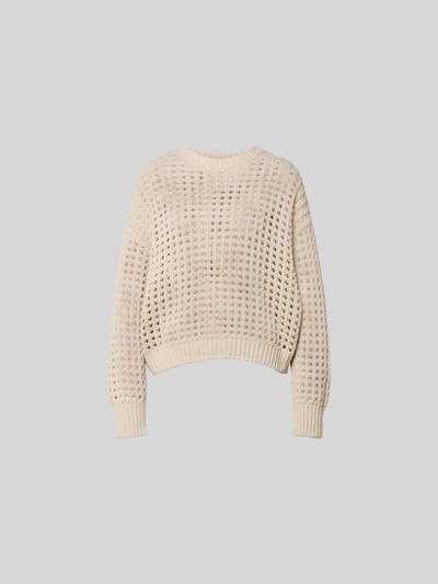 Produktfoto, Relaxed Fit Pullover mit Lochmuster von Juvia in Beige, reine Baumwolle, Rundhalsausschnitt, elastische Abschlüsse, Rückenlänge 58 cm