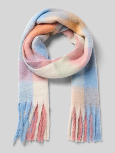 Produktfoto, Schal mit Fransen und Karo-Muster von Kurt Beines in Rosa, Blau und Creme, rechteckige Form, weiche Textur, 40 x 206 cm