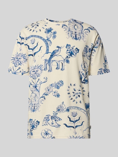 Produktfoto, Relaxed Fit T-Shirt im Allover-Look von Scotch & Soda aus Reine Baumwolle, Creme mit blauem Muster, Rundhalsausschnitt, Herren T-Shirt, Rückenlänge 68 cm bei Größe M.