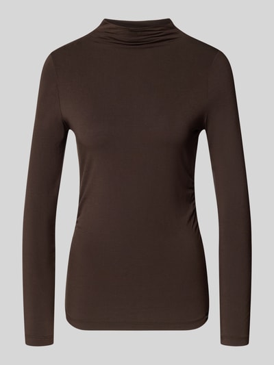 Produktfoto, Slim Fit Longsleeve mit Stehkragen von Smith and Soul in dunkelbraun, elastischer Modal-Mix, dezente Raffungen, glatte Textur