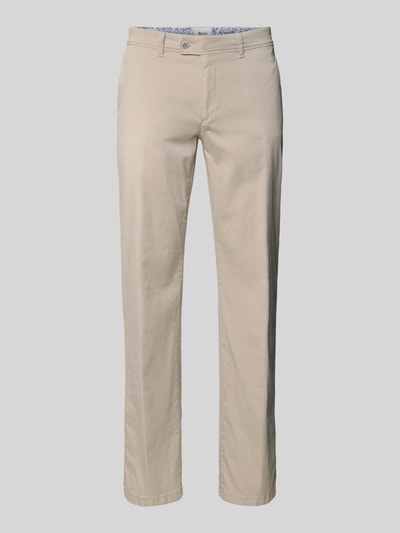 Produktfoto, Regular Fit Hose mit Gesäßtaschen Modell 'Evans' von Brax aus Baumwoll-Mix mit Stretch-Anteil, Beige, glatte Textur.
