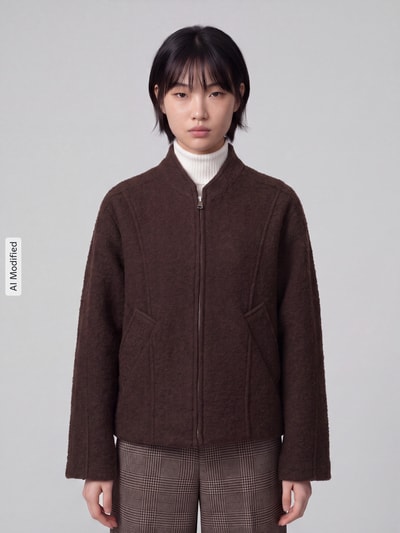 Frauenmodel trägt dunkelbraunen Regular Fit Blouson aus Woll-Mix Modell 'JACQUELINE' von Selected, Damen Bomberjacke, Ganzkörperansicht von vorne, KI-modifiziertes Bild.