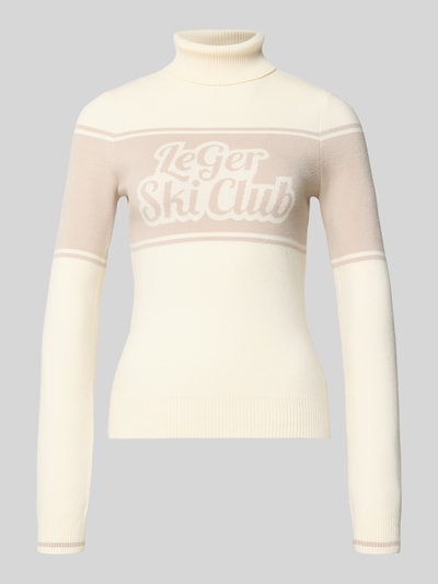 Produktfoto, kremowy Strickpullover mit gerippten Abschlüssen Modell 'Elna' von LeGer by Lena Gercke z wiskozy z regularnym krojem, widoczny napis i tekstura dzianiny.