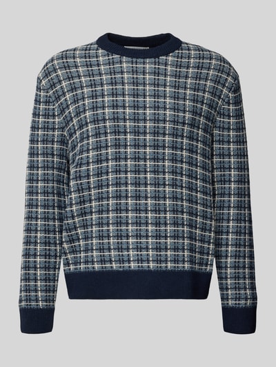 Produktfoto, Regular Fit Strickpullover aus Woll-Mix Modell 'MIKOLAS' van SELECTED HOMME met geruit patroon in blauw en grijs, structuurbreisel.
