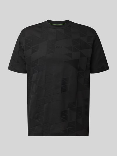 Produktfoto, zwart t-shirt met ton-sur-ton geometrisch patroon, fijne textuur, Regular Fit T-Shirt aus reiner Baumwolle Modell 'TS_NETWORK JQ' van BOSS Green, Heren