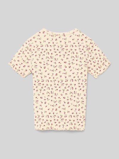 Productfoto, Slim Fit T-Shirt aus Baumwoll-Mix Modell 'TRINNY' van Only, all-over bloemenprint, fijnribstructuur, frill aan mouwen en zoom, kleur licht beige met roze accenten