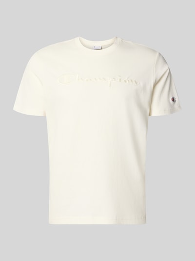 Produktfoto, T-Shirt mit Label-Stitching mit Rundhalsausschnitt von CHAMPION, Herren T-Shirt aus Reine Baumwolle, Regular-Fit, cremefarben, Rückenlänge 68 cm in Größe M