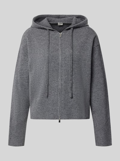 Produktfoto, Strickjacke aus reiner Lanawolle mit Zweiwege-Reißverschluss von Stefanel, relaxed Fit, gerippte Abschlüsse, graue Farbe, Kapuze mit Tunnelzug, überschnittene Schultern, langärmliges Design, weiche Wollstruktur