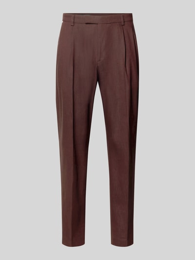 Produktfoto, Hose aus Leinen-Mix mit Bügelfalte Modell 'Servo' von CINQUE, brauner Farbton, Straight Fit, sichtbare Bügelfalte, Label-Detail, Franzöische Eingrifftaschen, Gesäßleistentaschen, Knopf-, Haken- und Reißverschluss, Herren Hose mit Leinen-Mix mit Viskose-Anteil, strukturierte Oberfläche, Bundweite bei Größe 50: 43 cm, Innenbeinlänge bei Größe 50: 75 cm.