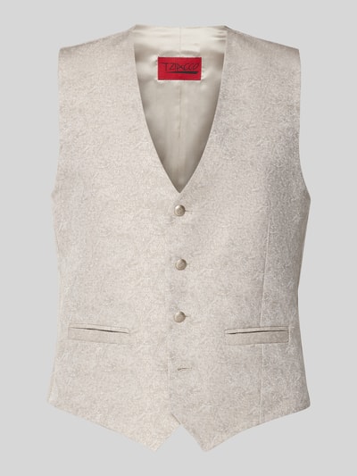 Produktfoto, Weste mit V-Ausschnitt und Paspeltaschen von Wilvorst, Herren, Material-Mix mit Baumwoll-Anteil, Slim-Fit, cremefarben, Knopfleiste, feine Struktur, Rückenlänge 60 cm bei Größe 50.