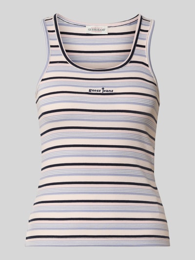 Produktfoto, Slim Fit Top aus Baumwoll-Mix mit Logo-Stitching von GUESS, gestreift in Beige, Blau und Schwarz, feine Rippenstruktur, Rundhalsausschnitt. Damen Top von GUESS Jeans, elastischer Baumwoll-Mix, Rückenlänge bei Größe S: 52 cm.