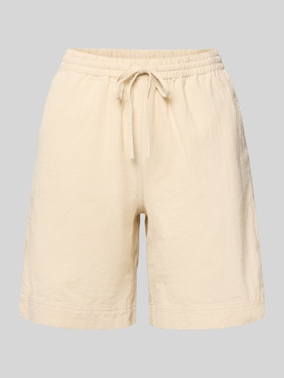 Produktfoto, Shorts mit elastischem Bund Modell 'Cissie' von Soyaconcept in Beige aus Reine Baumwolle, Regular-Fit, Detailansicht Vorderseite. Damen Shorts, Bundweite bei Größe S 38 cm, Innenbeinlänge 20 cm.