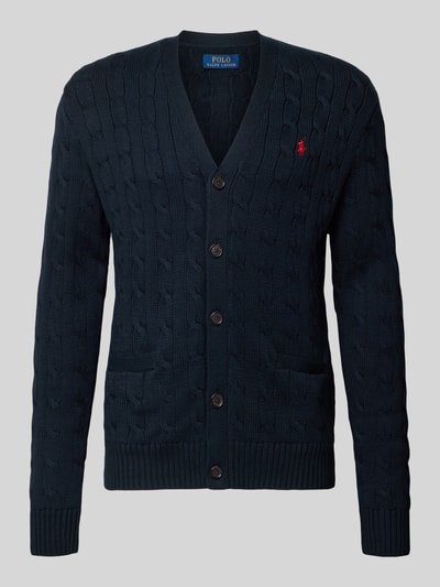 Produktfoto, Strickjacke mit Knopfleiste von Polo Ralph Lauren in Dunkelblau, Reine Baumwolle, Regular-Fit, V-Ausschnitt, Eingrifftaschen, Label-Stitching.