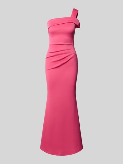 Produktfoto, Slim Fit Abendkleid mit Raffungen von Lipsy in leuchtendem Pink, aus Elastischer-Material-Mix, One-Shoulder-Design, Asymmetrischer-Look, glatte Oberfläche, Rückenlänge 134 cm, Brustweite 38 cm bei Größe 36.