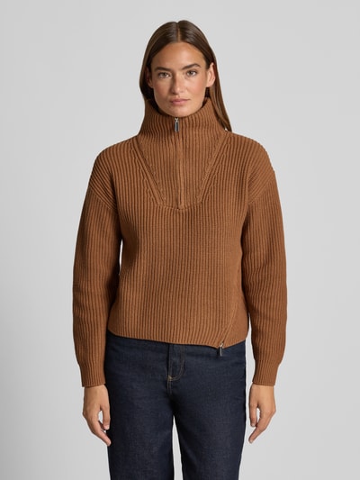 Oui Sweter z dzianiny ze stójką i zamkiem błyskawicznym Camel 4